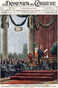 ローマのオペラ座で政権幹部を前に演説するベニート・ムッソリーニ。イラストはAchilles Beltrame。1929年3月24日の「ドメニカ・デル・コリエール」紙 作： Achille Beltrame