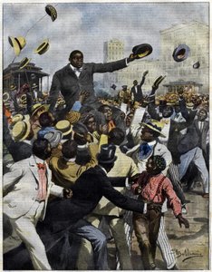 1910年、シカゴに到着したボクサーのジャック・ジョンソン。Achille Beltrameによる「La Domenica del Corriere」のためのイラスト。 作： Achille Beltrame