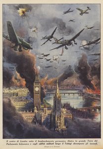 ゲルマン爆撃下のロンドン中心部（カラーリトグラフ）