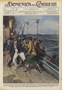 公海でギリシャの汽船の船倉で発見された5人の違法乗客？ 作： Achille Beltrame