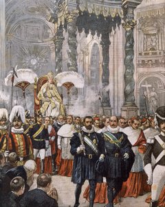 バチカンのサン・ピエトロ大聖堂で行われた教皇ピウス10世の戴冠式（イラスト：Achille Beltrame『La Domenica del Corriere』より 作： Achille Beltrame
