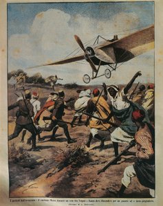 1912年9月22日付「La Domenica del Corriere」に掲載されたAchille Beltrame（1871-1945）によるアフリカキャンペーンで不時着を試みるMoizo大尉の表紙イラスト。 作： Achille Beltrame