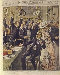 日露戦争（1904-1905）の際、日露講和条約の発表を祝う人々の表紙イラスト 作： Achille Beltrame