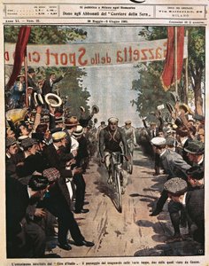 ジロ・デ・イタリアのサイクリストたち、ステージ到着時のルイジ・ガンナ、イラスト：Achille Beltrame（La Domenica del Corriere、5月30日より 作： Achille Beltrame