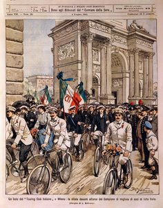 イタリア・ミラノで開催されたイタリアン・ツーリング・クラブの祭典で、平和のアーチの前をパレードする自転車乗りたち（イラスト：Achille Beltrame、La Domenica del Corriere誌、6月4日付 作： Achille Beltrame