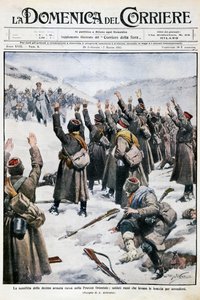 東プロイセンにおける第10ロシア軍の敗北。腕を上げて降伏するロシア兵（Achille Beltrame（1871-1945）作、1915年2月28日〜3月7日のLa Domenica del Corriereより引用 作： Achille Beltrame