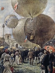 ミラノ航空ショーでの熱気球の出発（イラスト：Achille Beltrame、ラ・ドメニカ・デル・コリエール、6月19日より 作： Achille Beltrame