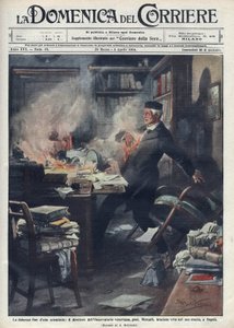ナポリの研究室で死去 ジュゼッペ・メルカリ（1850 -1914）イタリアの地震学者、火山学者。"La domenica del corriere "にアキレ・ベルトラーメが描いたイラスト。1914.