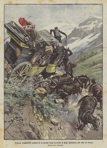 スイスの駅馬車がブリーク（シンプロン）道路をローヌ渓谷に向かって渓谷を急いで下ります 作： Achille Beltrame