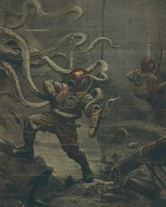ダイビング中に巨大なタコに襲われるダイバー（イラスト：Achille Beltrame、イラストレーター：Achille Beltrame（1871-1945）、1908年10月25日付「La Domenica del Corriere」より