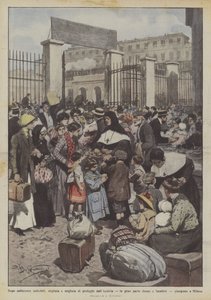言いようのない苦しみの後、オーストリアからの何千人もの難民、主に女性？ 作： Achille Beltrame