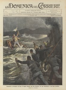 嵐のフェアの間に、魚雷のボートと失われたボートの間でルガーノ湖に劇的な救助 作： Achille Beltrame