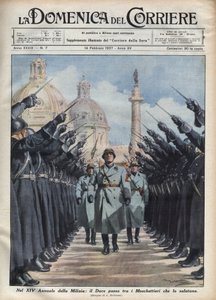 ベニート・ムッソリーニ公爵がローマで国家安全保障のための義勇軍の「モスケッティエリ」を閲兵している。1937年2月14日付「La domenica del corriere」に掲載されたAchille Beltrameのイラスト。 作： Achille Beltrame