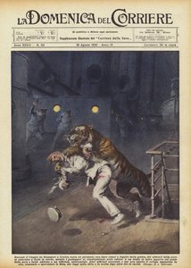 汽船でシンガポールからロンドンに向かう途中、虎はなんとか檻から脱出した 作： Achille Beltrame