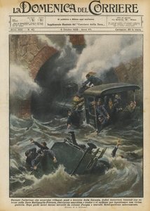 ルカニアの村、橋、鉄道を荒廃させた洪水の間に、12人の鉄道労働者？ 作： Achille Beltrame