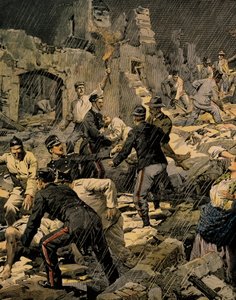 カラブリアの地震、Achille Beltrame（1871-1945）作、「La Domenica del Corriere」より。 作： Achille Beltrame