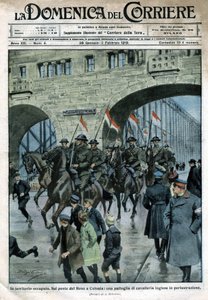 ドイツにおけるイギリスのプレゼンス：ケルンのライン川の橋の上にいる軍人たち。ベルトラメのイラスト。La Domenica del Corriere.01/1919. 作： Achille Beltrame