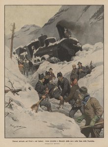フリウリとカドーレの巨大な降雪、ポンテッバ線の雪に列車がヒットしてブロック 作： Achille Beltrame