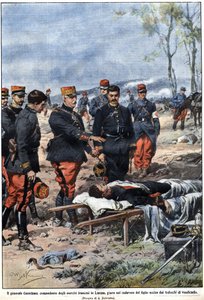 1914年の戦争のエピソード。ロレーヌ地方のフランス軍司令官、ノエル・エドゥアール・ド・キュリエス・ド・カステルナウ将軍（1851-1944）は、死んだ息子の遺体に復讐を誓う。イラスト：Achille Beltrame "La Domenica del Corriere "より 作： Achille Beltrame