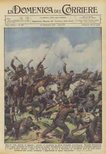 スペインでの戦争のエピソード、完全電動戦闘での騎兵隊の突撃 作： Achille Beltrame