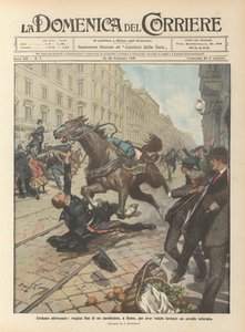 怒っている馬を止めたいという理由でのローマの不幸な英雄主義、カラビニエールの悲劇的な終わり 作： Achille Beltrame
