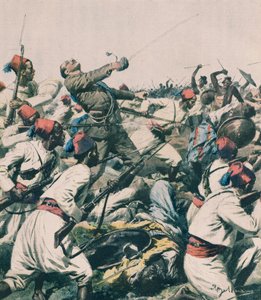 エチオピア軍によるリュウの守備隊への攻撃とボンジョバンニ大尉の殺害（イラスト、Achille Beltrame（1871-1945）、『La Domenica del Corriere』より）。 作： Achille Beltrame