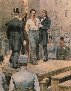 トレントでのチェーザレ・バッティスティの処刑、Achille Beltrame作、挿絵、Illustrator Achille Beltrame (1871-1945)、La Domenica del Corriereより、1916年7月 作： Achille Beltrame