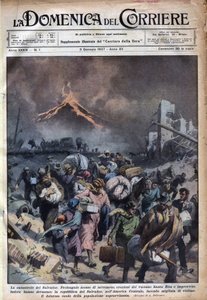 地震とサンタ・リタ火山の噴火により、エルサルバドルの人々が脱出する様子。1937年3月1日付の "La domenica del corriere "に掲載されたAchille Beltrameのイラスト。 作： Achille Beltrame