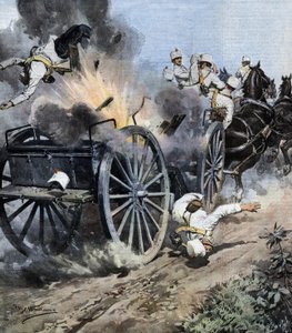 イタリア軍第7砲兵連隊の移動中、ルッカ地方のカパンノリ付近で起きた砲兵隊の箱の爆発。イラスト：ベルトラメLa Domenica del Corriere.08/1909.