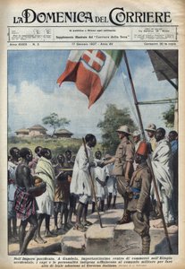 1937年のファシズム。エチオピア帝国の貿易の中心地であるガンベラで、イタリア政府への加盟を目的とした先住民族の首長や著名人の会合。17-01-19「La domenica del corriere」に掲載されたAchille Beltrameのイラスト 作： Achille Beltrame