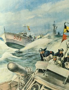 地中海をパトロールするイタリア海軍の高速モーターボート（9月12日 作： Achille Beltrame