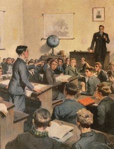 識字率との闘い、学校に通う子どもたち イラストレーター アキレ・ベルトラメ（1871-1945）『ラ・ドメニカ・デル・コリエール』より