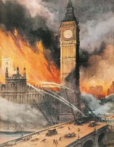 ドイツ軍の爆撃を受けたロンドンのウェストミンスター宮殿の火災、「The Sunday Courier」のイラスト 作： Achille Beltrame