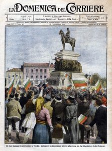 第一次バルカン戦争：ブルガリア・ソフィアのツァーリ像前でのデモ - La Domenica del Corriereに掲載されたベルトラメのイラスト - 1912年10月（First Balkan War: demonstration in Sofia, Bulgaria 作： Achille Beltrame