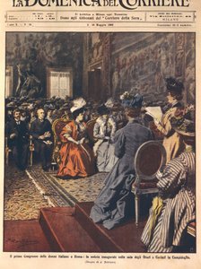 ローマの議事堂で開催されたイタリア初の女性会議、イラストはAchille Beltrame、5月3日の「La Domenica del Corriere」より。 作： Achille Beltrame