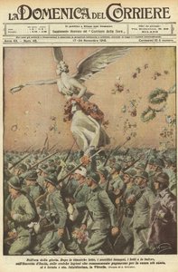 第一次世界大戦1918年 - 戦時中のイタリア。勝利の日。栄光の時に。巨人のような闘い、計り知れない犠牲、死、嵐を経て、イタリア軍、最も神聖な目的のために戦った英雄的なローマ軍団は、勝利の女神を持ち上げた。 作： Achille Beltrame