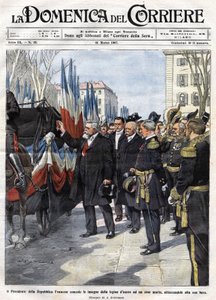 戦死した英雄にレジオンドヌール勲章を授与するフランス大統領アルマン・ファリエス（1841 - 1931）。Ill. de Beltrame.La Domenica del Corriere.31-03-1907. 作： Achille Beltrame