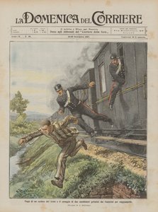 列車からの囚人の脱出と窓から投げ出された2人のカラビニエリの勇気 作： Achille Beltrame