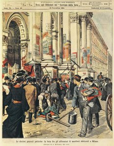 ミラノでの総選挙：政治ポスターを掲げる人々の対立（Achille Beltrame（1871-1945）著、『La Domenica del Corriere』より 作： Achille Beltrame