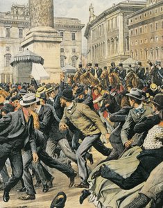 ローマでの一般労働者のストライキ イラストレーター アキレ・ベルトラメ（1871-1945）『ラ・ドメニカ・デル・コリエール』より 作： Achille Beltrame