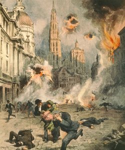 アントワープを爆撃・占領するドイツ軍、Achille Beltrame（1871-1945）作、「La Domenica del Corriere」のイラスト 作： Achille Beltrame