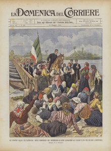 マントヴァでの農民のストライキ、他の女性労働者を妨げる女性ストライカー？ 作： Achille Beltrame
