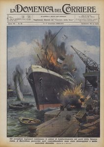軍用機は赤いスペインの港で爆撃行動を続けています 作： Achille Beltrame