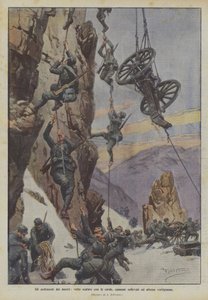 私たちの大胆さ、ロープで登った峰、目がくらむほどの高さに上げられた大砲 作： Achille Beltrame
