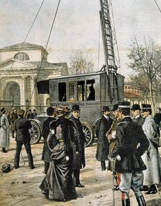 ミラノで最初の無線移動局（Stazione Radio Mobile）のテストを手伝うグリエルモ・マルコーニ。Domenica del Corriere"(1906年)のためにAchille Beltrameが描いたイラスト。エングレービング。 作： Achille Beltrame