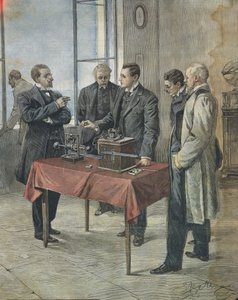 英仏海峡を越えて無線電信の実験をするグリエルモ・マルコーニ。4月22日付イタリア紙「ラ・ドメニカ・デル・コリエール」に掲載されたAchille Beltrameのイラスト