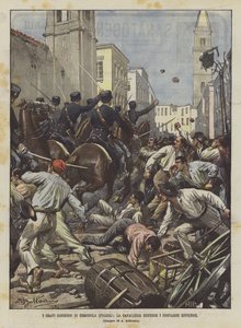 Cerignola（Foggia）の深刻な障害、騎兵隊は反乱農民を追い払う 作： Achille Beltrame