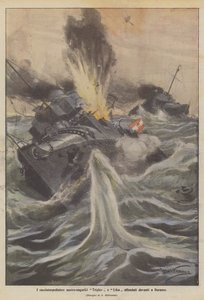 オーストリアハンガリーの駆逐艦トリグラウとリカがドュレスの前で沈没 作： Achille Beltrame