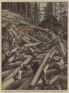 仕事のドラマ、さまざまな木こりに落ちる巨大なカットされた森の山？ 作： Achille Beltrame