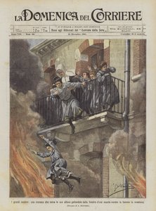 偉大な英雄主義、生徒を学校の窓から投げて救う修道女？ 作： Achille Beltrame